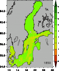 Sauerstoffmangelzonen in der Ostsee 1850-2098; Rotfärbung = O2-Konzentration unter 2ml/l, wo kein höheres Leben möglich ist.