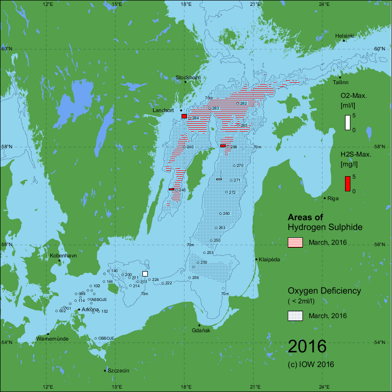 Map of the distribution of oxygen minimum and hydrogen sulphide polluted zones in the Baltic Sea, March 2016